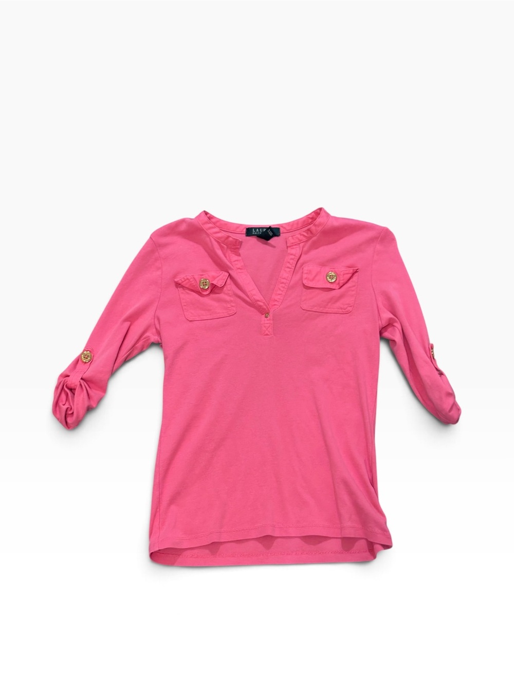 Lauren Ralph Lauren Pink Cotton Henley Top Gold Button Roll Tab Sleeve Size S